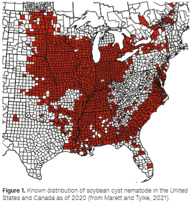 Distribution map of soybean cyst nematode in North America