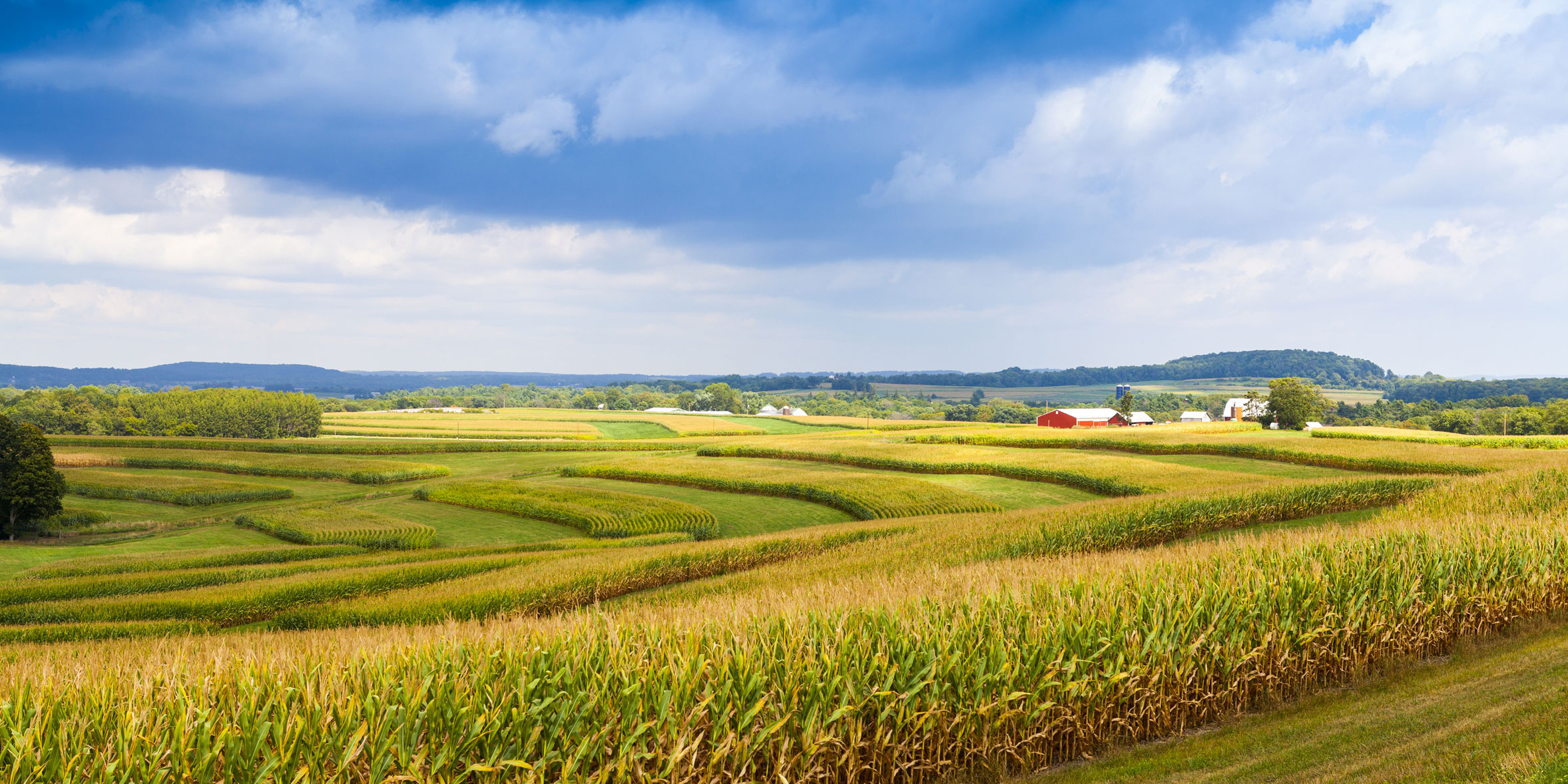 Rolling farmland cloudy skies